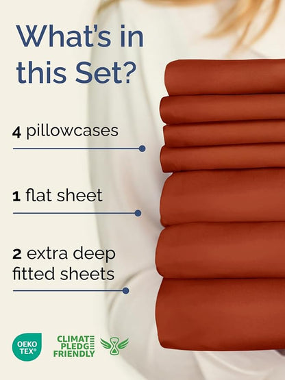 Extra Deep Split King Sheet Set - 7 Piece Breathable and Cooling Sheets - Hotel Luxury Bedding for Women, Men, Kids & Teens - Easy Secure Fit - Soft & Wrinkle Free - Extra Deep Pockets - Terracotta