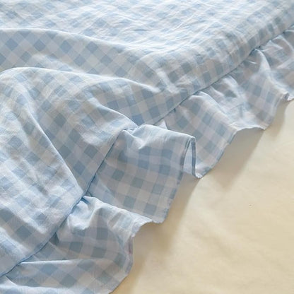 NSNLGSGC Light Blue Ruffle Gingham Comforter Set King, Pre-Washed Ruffled Plaid Checked Comforter Bedding, 3 Pieces Vintage Farmhouse Grid Bedding Set(Blue Gingham, King)