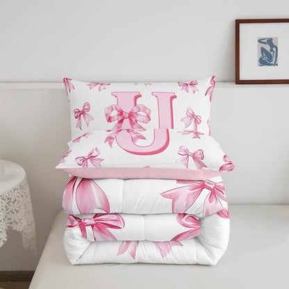Erosebridal Cute Pink Bow Comforter Set Queen Princess Style Bowknot Girls Bedding Set Initial Letter U Bedding Comforter Sets Girly Kawaii Alphabet Bow Quilt Duvet for Kids Teen Women