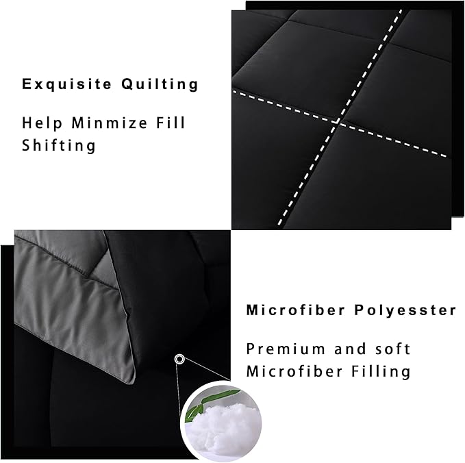 DOWNCOOL King Size Comforter Set -All Season Bedding Comforters Sets with 2 Pillow Cases -3 Pieces Bed Set Down Alternative King Bedding Set -Black/Grey King Comforter Set(102"x90")