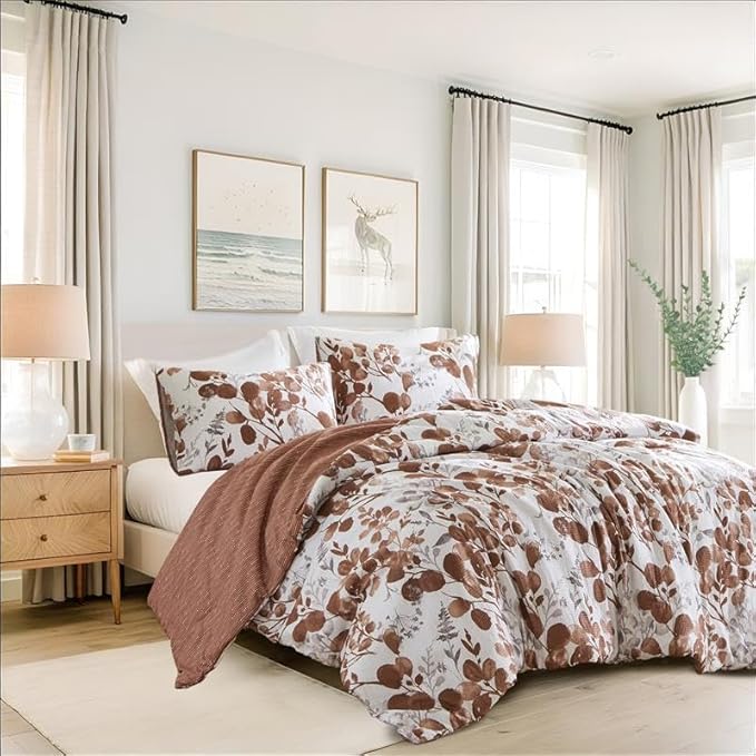 Lightweight Seersucker Botanical King Size Comforter Set, 3 Pieces Reversible Design Bed Comforter, Premium Microfiber Bedding Set, Comforter and Shams Set, Terracotta