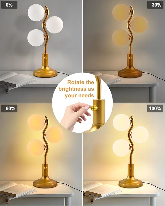 3-Globe Table Lamp for Bedroom, Mid Century Modern Gold Desk Lamp 3000K Warmwhite Dimmable Nightstand Bedside Lamp for Living Room Study Room(G9 Bulbs Included)