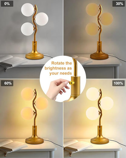 3-Globe Table Lamp for Bedroom, Mid Century Modern Gold Desk Lamp 3000K Warmwhite Dimmable Nightstand Bedside Lamp for Living Room Study Room(G9 Bulbs Included)