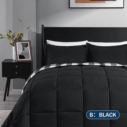 downluxe Lightweight Plaid Comforter Set (Queen) with 2 Pillow Shams - 3-Piece Set - Black/White Plaid - Down Alternative Reversible Comforter