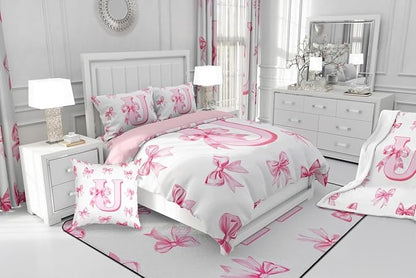 Erosebridal Cute Pink Bow Comforter Set Queen Princess Style Bowknot Girls Bedding Set Initial Letter U Bedding Comforter Sets Girly Kawaii Alphabet Bow Quilt Duvet for Kids Teen Women