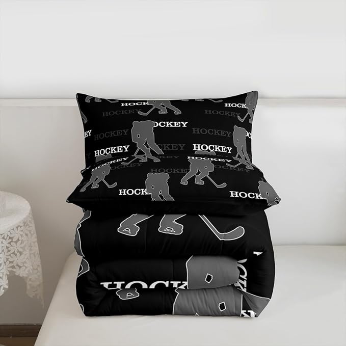 Manfei Ice Hockey Kids Comforter Set Twin Size, Bedding Set Boys Girls Room Decor,Winter Sports Modern Quilt Comforter,Black Gray Duvet Set Bedroom Quilt Set,1 Pillowcase