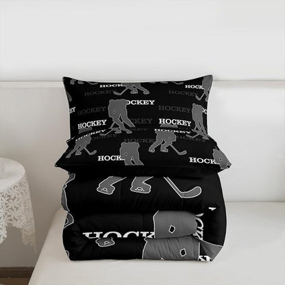 Ice Hockey Comforter Set King Size, Kids Bedding Set,Winter Sports Modern Quilt Comforter,Black Gray Duvet Insert,2 Pillowcases