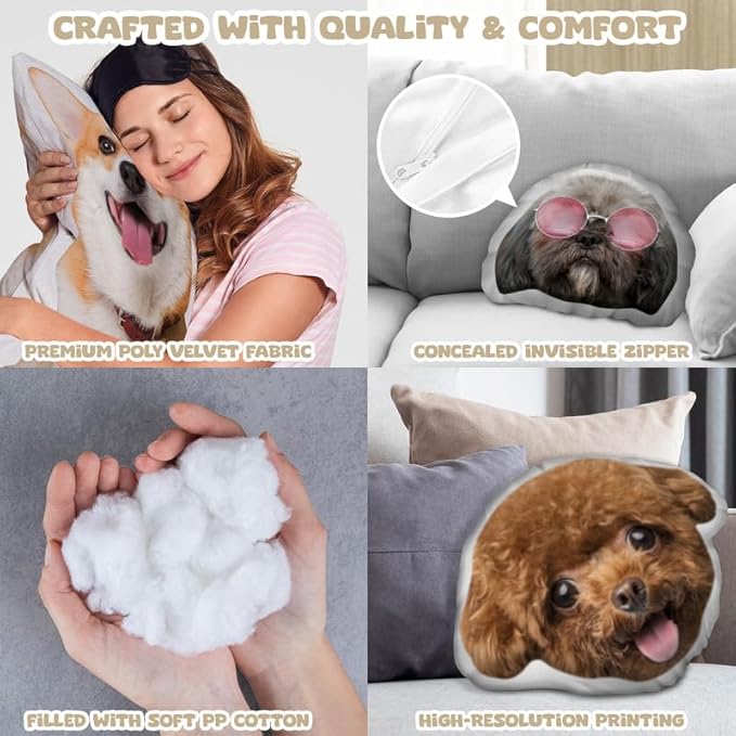 Custom Pet Pillow with Photo - Personalized Dog Cat Shaped Pillow - Personlized Pet Memorial Gifts for Loss of Dogs - Bereavement Gift for Dog Lover for Him or Her