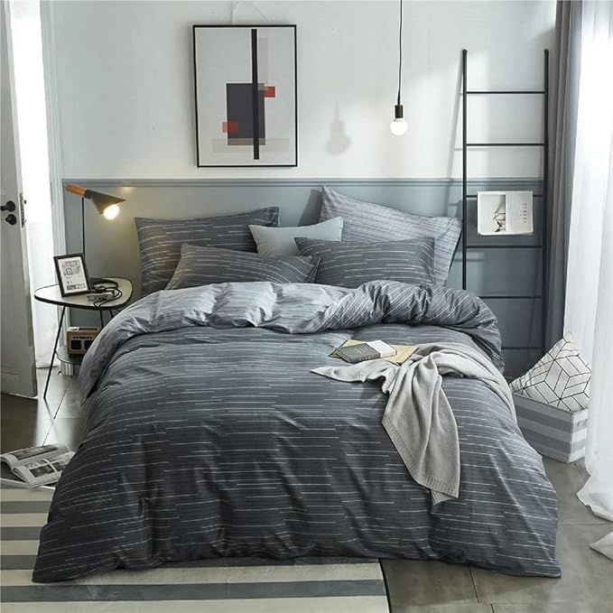 mixinni Queen Size Comforter Set for Teen Modern Geometric Boys Grey Striped Printed Comforter Set Men Boys for All Season, 1 Soft Fluffy Comforter and Two Pillowcases-Queen Size