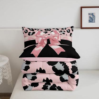 jejeloiu Pink Silk Bowknot Duvet Cover Twin Size Grey Leopard Bedding Set for Kids Girls Women Black Pink Comforter Cover Set Sweet Romantic Bedspread Cover 2Pcs