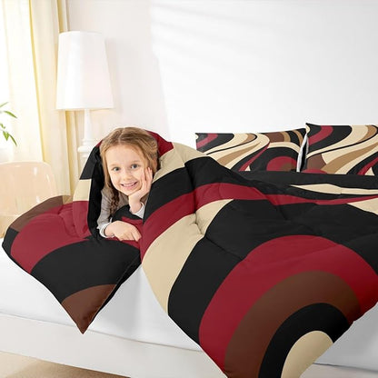 Red Brown Spiral King Bedding Set for Adult Women Men Modern Swirls Stripes Abstract Comforter Sets for Minimalists Boho Aesthetic Geometric Bed Sets Graffiti Art Lines Quilt Duvet Insert