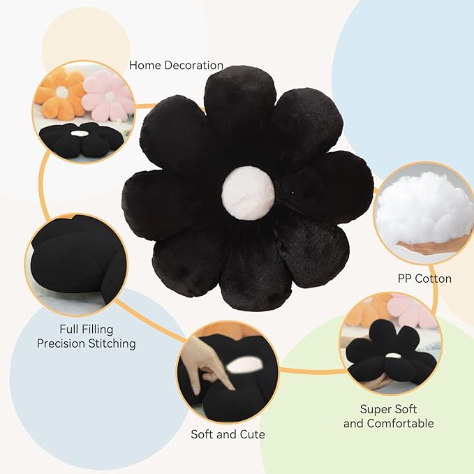 FIONOUT Flower Pillow, 17.7inch Black Throw Pillows, Black Decorative Throw Pillows, Flower Throw Pillow, Flower Floor Pillow Floor Cushions for Reading and Room Dector