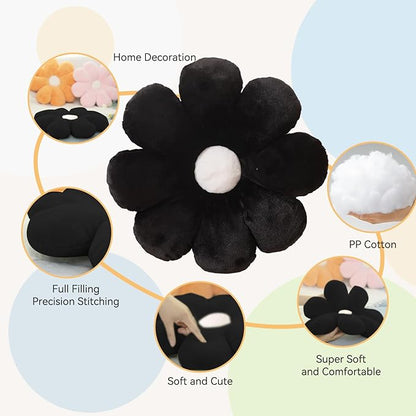 FIONOUT Flower Pillow, 17.7inch Black Throw Pillows, Black Decorative Throw Pillows, Flower Throw Pillow, Flower Floor Pillow Floor Cushions for Reading and Room Dector