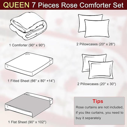 EVENHUG Queen Comforter Set 7 Pieces Lightweight Soft Queen Size Comforters for All Season Red Rose Floral Bedding Sets Bed in a Bag with Flat Sheet and Fitted Sheet Pillowcases (90"x90")