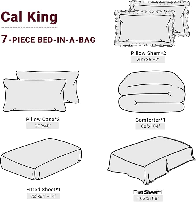 JOLLYVOGUE Dark Red Cal King Size Comforter Sets 7 Pieces, Pintuck Bed in a Bag Comforter Set for Bedroom, Bedding Comforter Sets with Comforter, Sheets,Ruffled Shams & Pillowcases