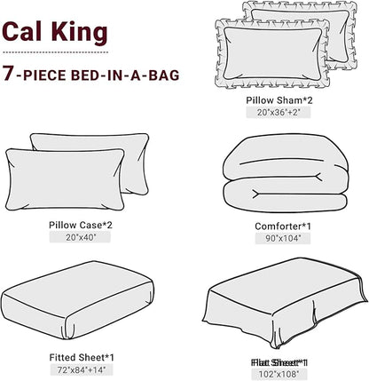 JOLLYVOGUE Dark Red Cal King Size Comforter Sets 7 Pieces, Pintuck Bed in a Bag Comforter Set for Bedroom, Bedding Comforter Sets with Comforter, Sheets,Ruffled Shams & Pillowcases