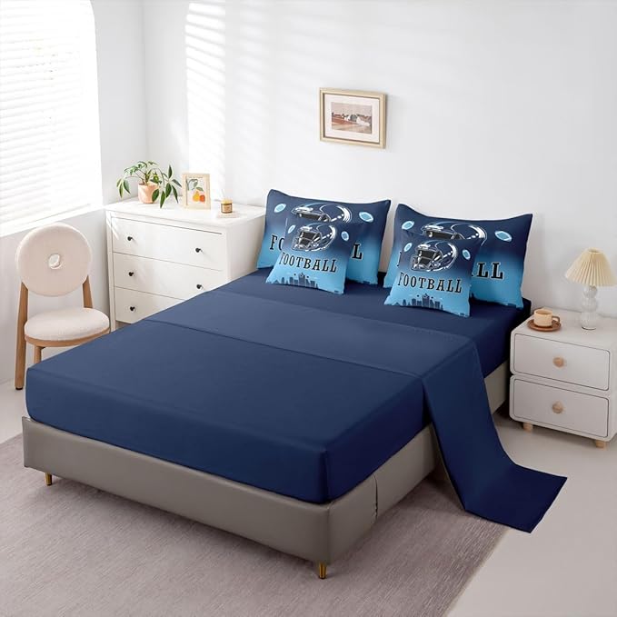 Erosebridal American Soccer Comforter Set with Sheets Football City Blue 7 Piece Bedding Set King for Kids Boys Girls Teen Room Decor,Sports Rugby Games Bed in A Bag Ball Sports Bed Set