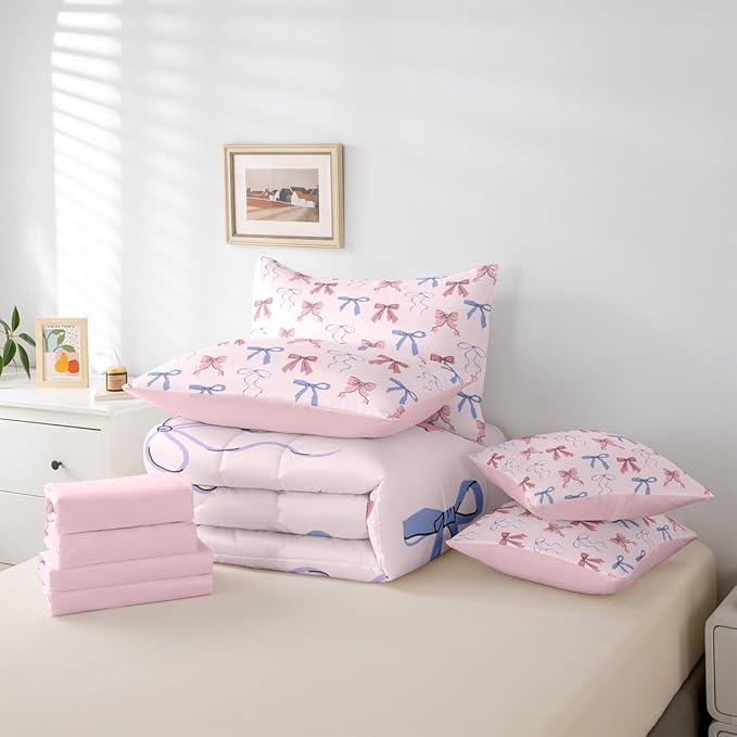 Erosebridal Ribbon Full Comforter Set 7 Pieces Bowknot Bed in A Bag for Bedroom Fairy Kawaii Sweet Bow Dreamy Bedding Set with Comforters, Sheets, Pillowcases Pink Blue Room Decor