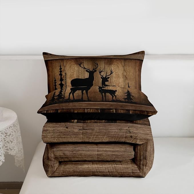 Erosebridal Hunting Deer Comforter Set Rustic Cabin Western Full Bedding Sets for Boys Girls Kids Woodland Wildlife Print Comforter Farmhouse Wooden Stone Decor Quilt Duvet 3 Pcs