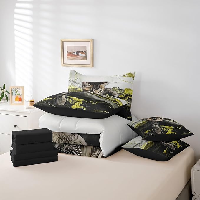 Erosebridal Yellow Marble Bedding Set Full Modern Marbling Cat Bed in A Bag Watercolor Marble Ink Fluid Comforter Sets with Sheets Retro Artwork Style Aesthetic 7 Pieces Bed Set Bedroom Decor