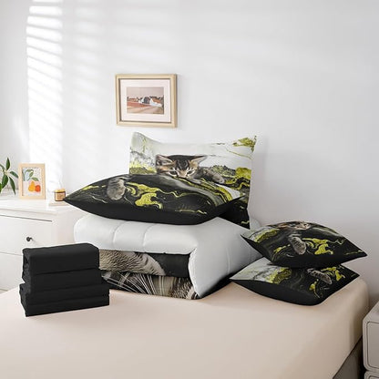 Erosebridal Yellow Marble Bedding Set Full Modern Marbling Cat Bed in A Bag Watercolor Marble Ink Fluid Comforter Sets with Sheets Retro Artwork Style Aesthetic 7 Pieces Bed Set Bedroom Decor
