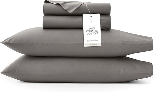 BOLL & BRANCH Signature Hemmed Sheet Set - Queen, Stone - Luxury 100% Organic Cotton - Includes 1 Flat, 1 Fitted, 2 Pillowcases - Buttery Soft