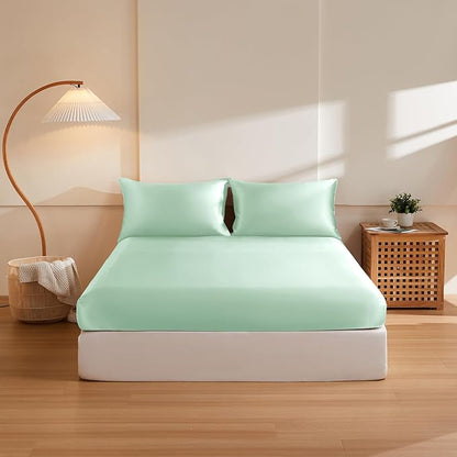 THXSILK 6A+ Top Grade 100% Pure Mulberry Silk Full Fitted Sheet 3Pcs Set Bed Sheets Luxury Bedding for Hair and Skin Breathable Cooling Safe Material, 1 Fitted Sheet with 2 Pillowcases, Turquoise