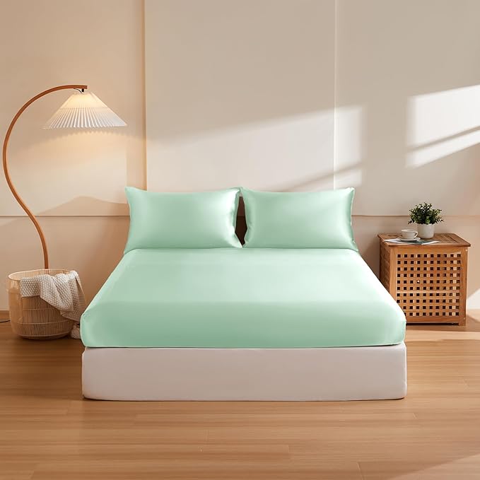 THXSILK 6A+ Top Grade 100% Pure Mulberry Silk Queen Fitted Sheet 3Pcs Set Bed Sheets Luxury Bedding for Hair and Skin Health Oeko-TEX Certified Safety, 1 Fitted Sheet with 2 Pillowcases, Turquoise