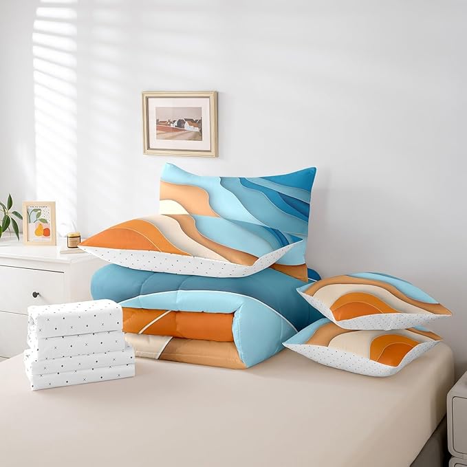 Blue Orange Ombre Bedding Full Size 7-Piece Kids Teens Adults Geometric Stripe Comforter Set, Aesthetic Wave Bedding Comforter Sets Modern Abstract Bed in a Bag, Gradient Bedding Accessories