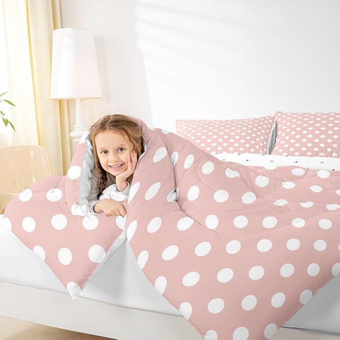 Manfei Polka Dots Comforter Set Full Size 3 Pcs,Modern Geometric Circles Abstract Simple Art Bedding Set,Cartoon French Style Dots Pink White Quilt Set for Teens Bedroom,2 Pillowcases