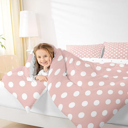 Manfei Polka Dots Comforter Set Toddler Size 2 Pcs,Modern Geometric Circles Abstract Simple Art Bedding Set,Cartoon French Style Dots Pink White Quilt Set for Child Bedroom,1 Pillowcase