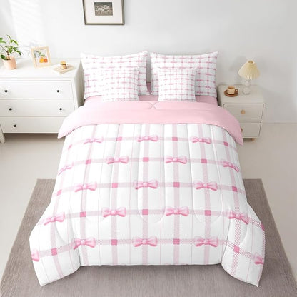 Erosebridal Pink Plaid Bowknot Kids Girly 7 Piece Bedding Set Twin | Princess Dreamy Cute Bow Comforter Set with Sheets Checkered Sweet White Bed in A Bag Teens Women Bed Sets
