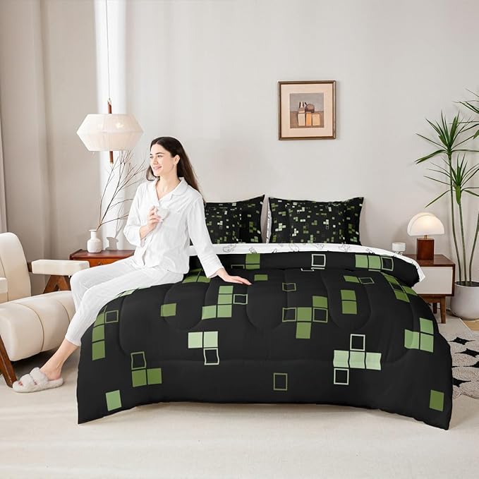 Building Block Games 7Pcs Comforter Set Queen Size,Construction Bedding Set for Kids Boys Teens Room Decor,Army Green Black Video Games Bed in a Bag Cartoon Gamepad Flat Fitted Sheet
