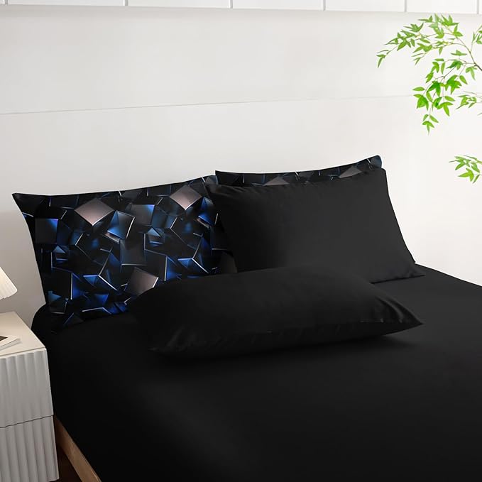 Blue and Black Geometric Comforter Set Queen Size 7PCS,Abstract Triangular Printed Bedding Set for Adults,Geometric Mordern Art Decor All Seasons with Pillowcases,Flat, Fitted Sheet