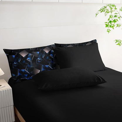 Blue and Black Geometric Comforter Set Twin Size 7PCS,Abstract Triangular Printed Bedding Set for Adults,Geometric Mordern Art Decor All Seasons with Pillowcases,Flat, Fitted Sheet