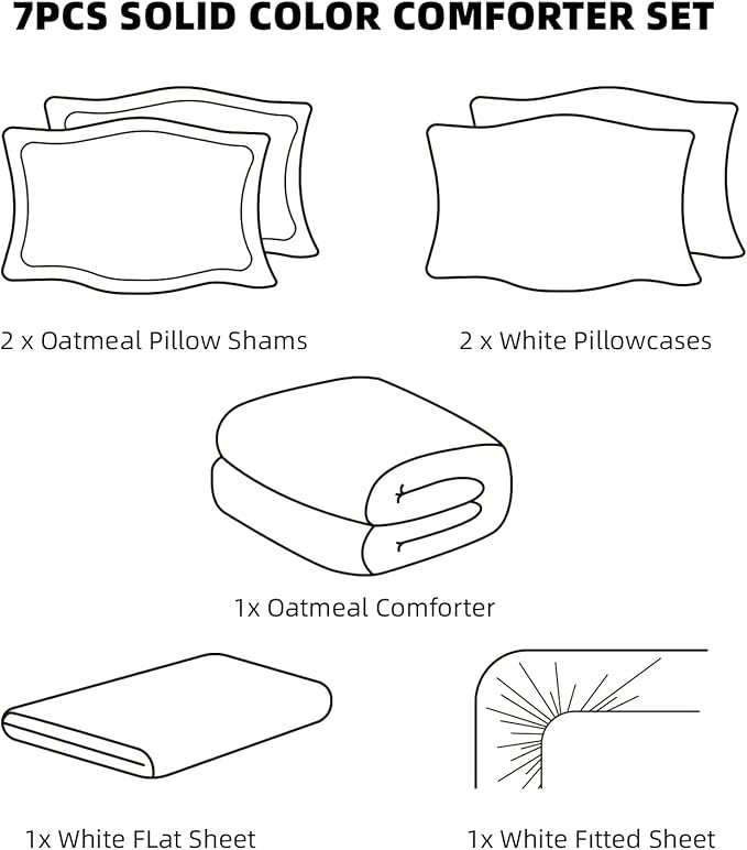 weigelia Queen Comforter Set 7 Pieces Oatmeal Comforters Queen Size Soft Fluffy Bedding Comforter Set with Fitted Sheets, Flat Sheets, Pillow Shams, and Pillowcases