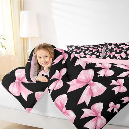 Feelyou Pink Bow Comforter Set All Season Cute Bowknot Bedding Set with 2 Pillow Cases Kawaii Black Pink Kids Queen Bedclothes Princess Decor Bedroom Decor Duvet Quilt Breathable Soft Lightweight