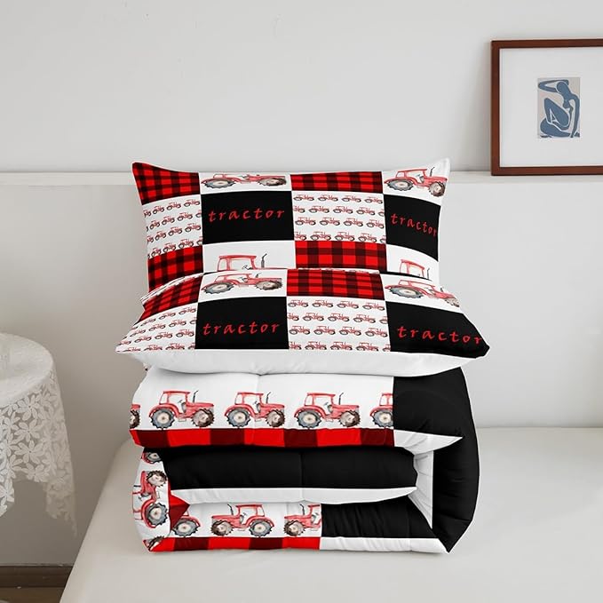 Erosebridal Tractor Bedding Set Red Tractor Comforter for Boys Kids Girls Teens Equipment Truck Comforter Set King Buffalo Plaid Down Comforter Farmhouse Harvester Grid Quilt Set, Black
