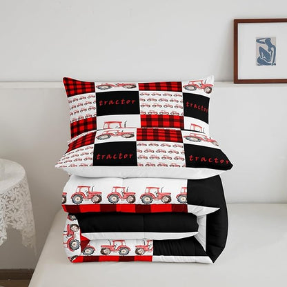 Erosebridal Tractor Bedding Set Red Tractor Comforter for Boys Kids Girls Teens Equipment Truck Comforter Set King Buffalo Plaid Down Comforter Farmhouse Harvester Grid Quilt Set, Black