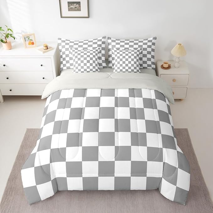 Checkered Retro Comforter Set Full Size 7 Pieces Grey Plaid Bedding Set for Kids Boys Girls Geometric Vintage Bed in a Bag Modern Simple Groovy Aesthetic Bedroom Decor All Season Quilted Lightweight