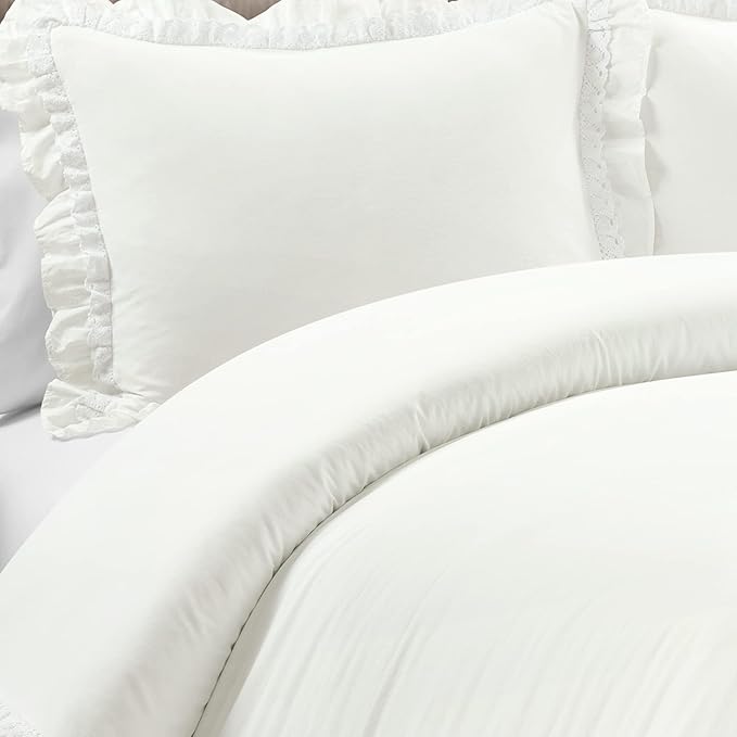 Lush Decor Ella Ruffle Lace 100% Cotton Duvet Cover, 3 Piece Set, King, White - Cute Duvet - King Bedding Set - Gray Bedding - Coquette Decor - Ruffle Trim - White Lace Trim