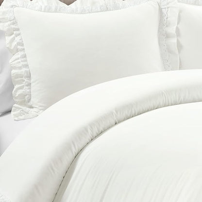 Lush Decor Ella Ruffle Lace 100% Cotton Duvet Cover, 3 Piece Set, King, White - Cute Duvet - King Bedding Set - Gray Bedding - Coquette Decor - Ruffle Trim - White Lace Trim