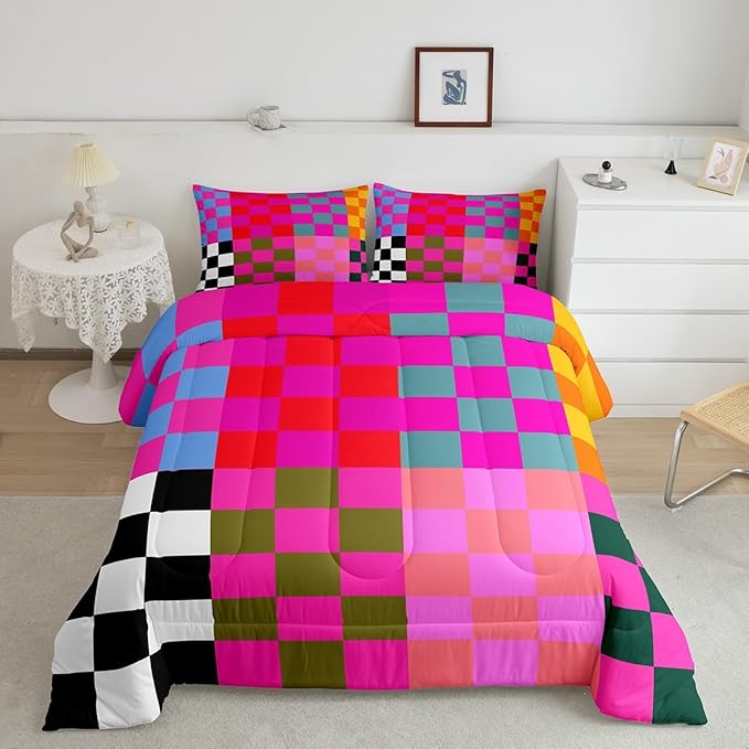 Feelyou Multicolored Checkered Retro Bedding Set Kids Boys Girls Geometric Vintage Comforter Set Full Size Black Red Purple Duvet Insert Modern Simple Groovy Aesthetic Room Decor