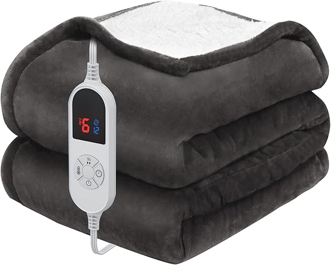 HOW'S MY HOUSE Heated Blanket 62"x84",Electric Blanket Twin Size with 6 Heating Levels & 12-Hours Timer,Flannel Sherpa Super Cozy with ETL Certification,Machine Washable, Charcoal