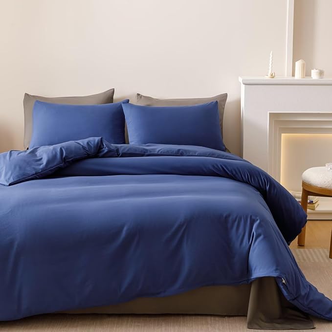 Houseri Royal Blue Comforter Set King Neutral Navy Bedding Men Women Japanese Style Solid Blue Vintage Farmhouse Bed Sets King Size