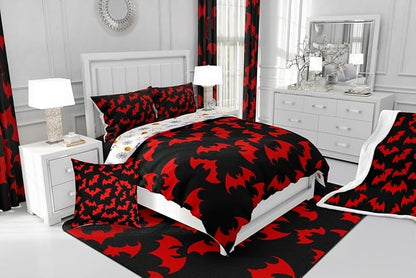Erosebridal Red Bat Queen Comforter Set Halloween Bat Bedding Set Spooky Goth Gothic Animal Bed Set Horror Halloween Quilt Set for Kids Teens Adults