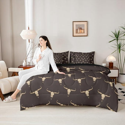 Erosebridal Bull Skull 7 Piece Comforter Set Queen Ethnic Bohemian Bedding for Men Boys | Tribal Steer Skull Wildlife Aztec Bedroom Decor Farmhouse Cabin Lodge Sheet Set with Comforter,Brown