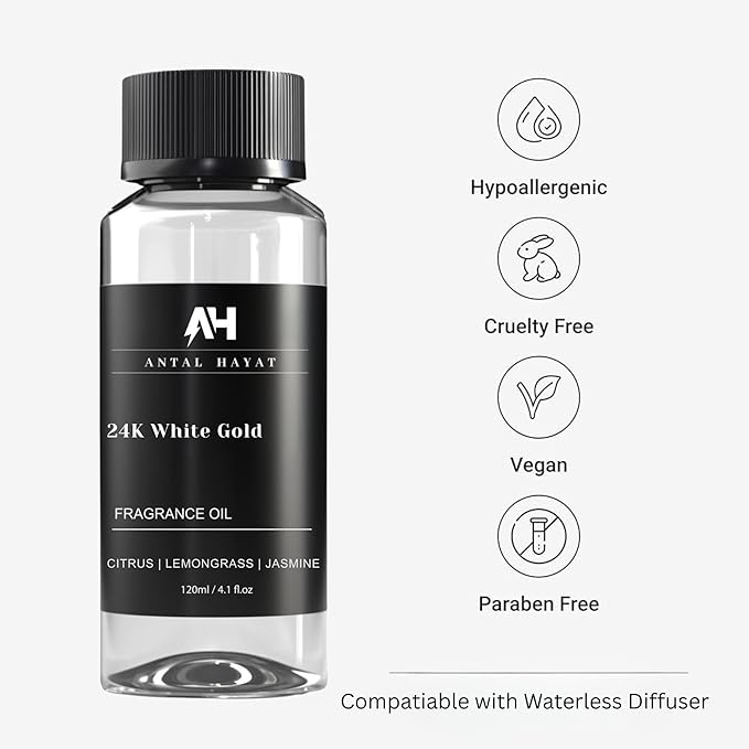 24K Diffuser Essential Oil Scent - Luxury Hotel Inspired Aromatherapy Scent Diffuser Oil - Hints of Zesty Citrus, Floral Jasmine, & Delicate Lily - for Essential Oil Diffusers - 120mL