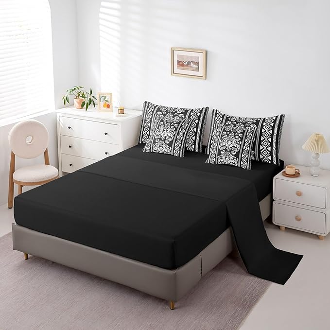 Comforter Set Twin Size, Black and White Damask Aztec 7 Pcs Bedding for Kids Adults, Antique Decor Western Baroque Gothic Bed Sheet Sets with Fitted Sheet 2 Pillowcases & 2 Shams for Bedroom Bed Decor