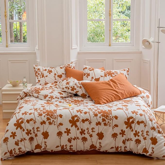 CLOTHKNOW Brown Floral Twin/Twin XL Comforter Sets Boho Bedding Comforter Sets Brown Bed Comforter Leaves Bedding with 2 x Pillow Cases